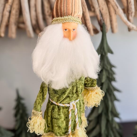 Vintage Folk Art Belsnickle Tabletop Decor-Fluffy Beard-Green Velvet Cloak-21"H - Picture 8 of 9